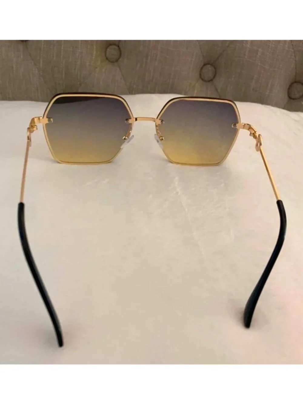 Oversized Unisex Square Grey to Yellow Gradient Sunglasses With Gold Frame